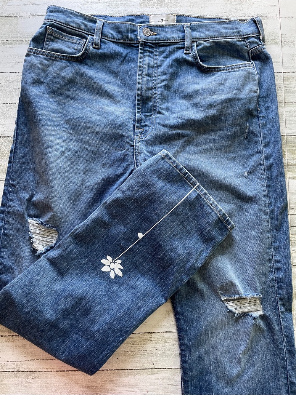 7 For All Mankind Blue Straight-Leg Jeans with White Floral Detail